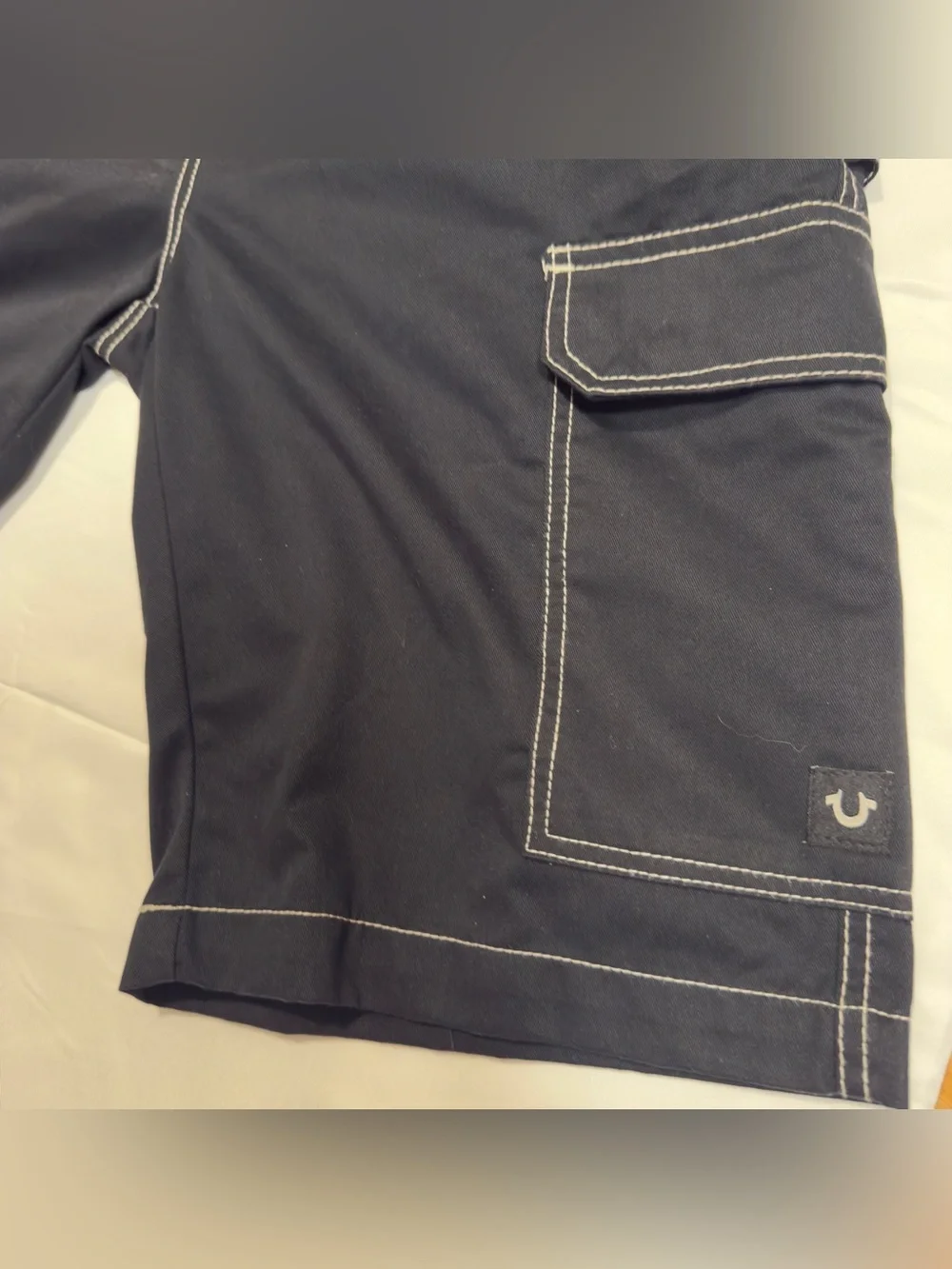 True Religion Black Cargo Shorts with White Contrast Stitching